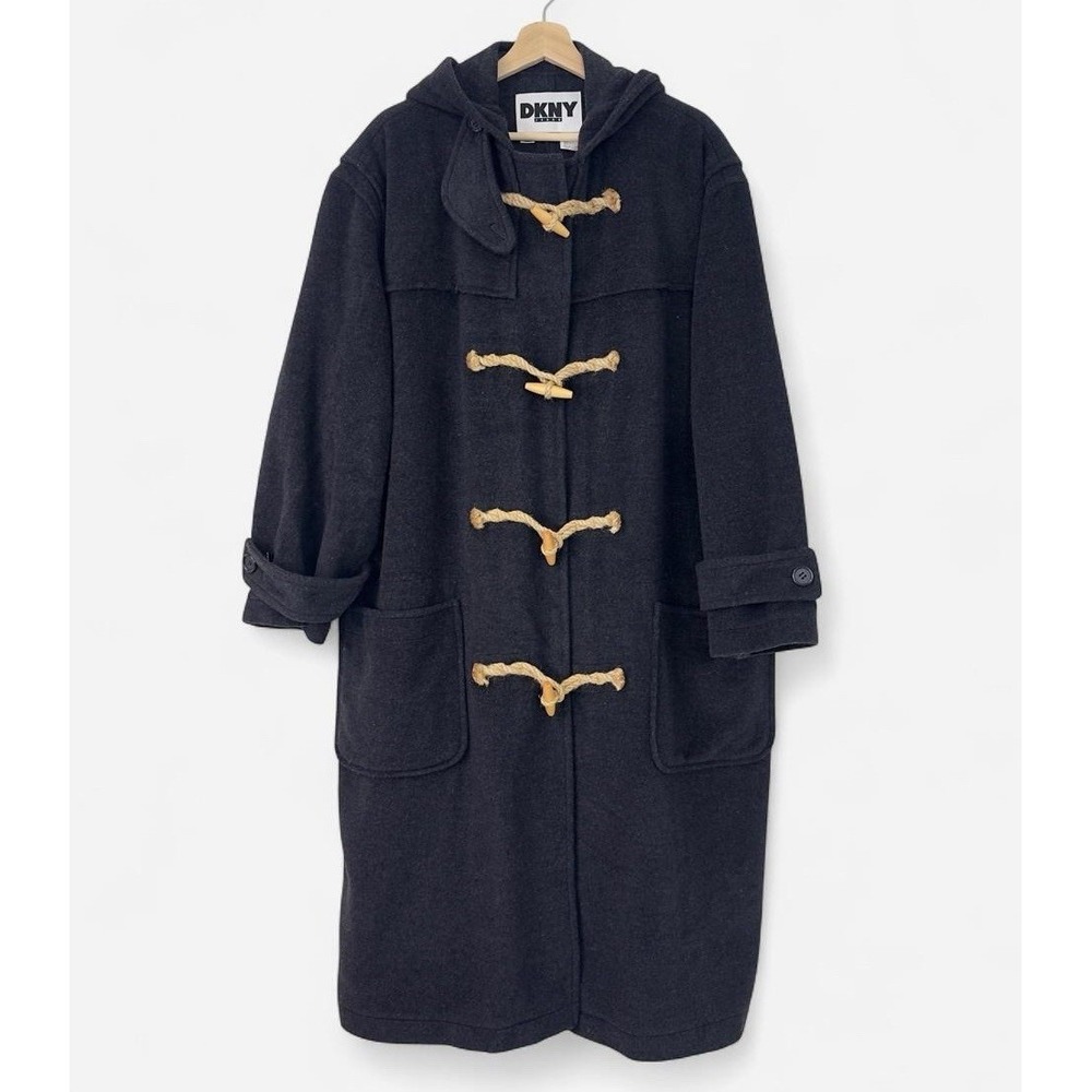 Vintage Donna Karan DKNY Wool Charcoal Gray Duffle Pea Coat Toggle Hooded Size L
